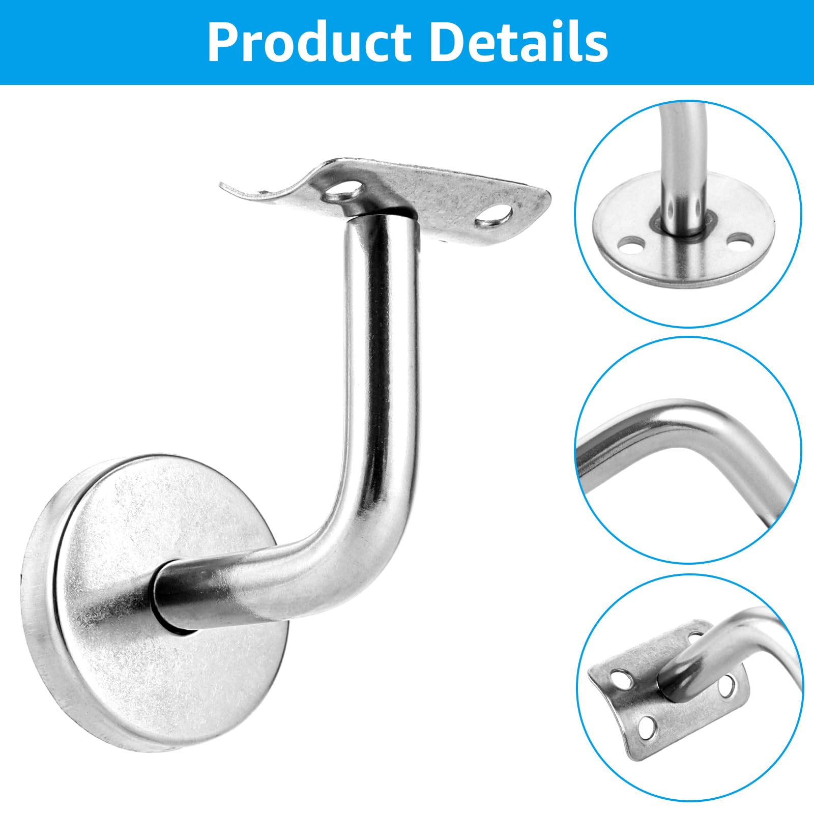 6 soportes para pasamanos de acero inoxidable, 60 x 60 mm, soporte de pared, soporte para pasamanos con roseta, soporte de pasamanos plateado para pasillos, escaleras y baños