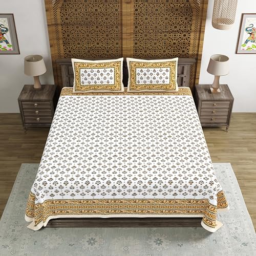 Image of BLOCKS OF INDIA Hand Block Printed 200 TC Cotton King Size Bedsheet (Brown BUTI)
