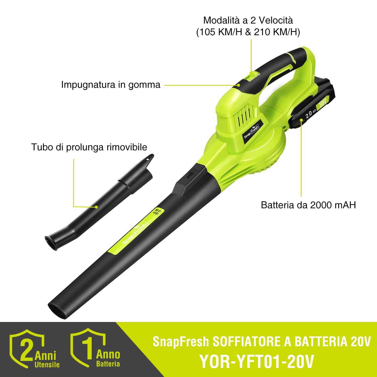 SnapFresh Soffiatore a Batteria 20V Soffiatore Elettrico per Foglie Leggero 1,2 kg, 210 km/h 240 m³/h, 2 Velocità Regolabili, con Batteria e Caricabatterie, per Giardino/Prato/Auto/Polvere (Verde)