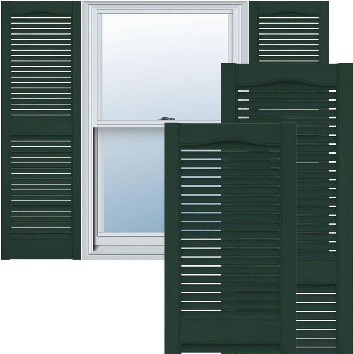 12"W x 25"H Lifetime Vinyl, Standard Cathedral Top Center Mullion, Open Louver Shutters, w/Installation Shutter-Lok's & Matching Screws (Per Pair), Midnight Green