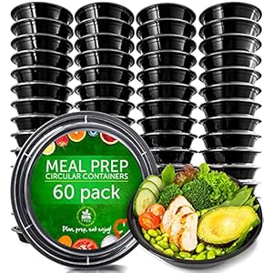 PrepNaturals Reusable Plastic Containers with Lids, 60 Pack, Black, Meal Prep Bowls, Lunch Containers, BPA, PVC and Phthalate Free, Microwave and Freezer Safe