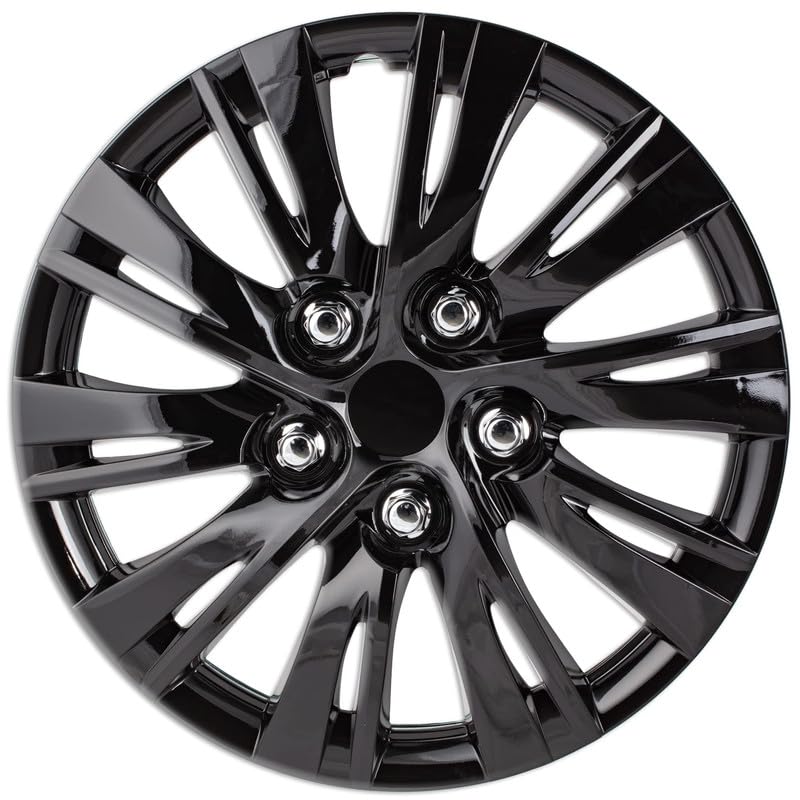 Fuel Rider 15 inch Gloss Black Universal Hubcap Wheel Covers for Standard Steel Wheels w/10 Split Spoke - Auto Tire Replacement Exterior Cap Cover