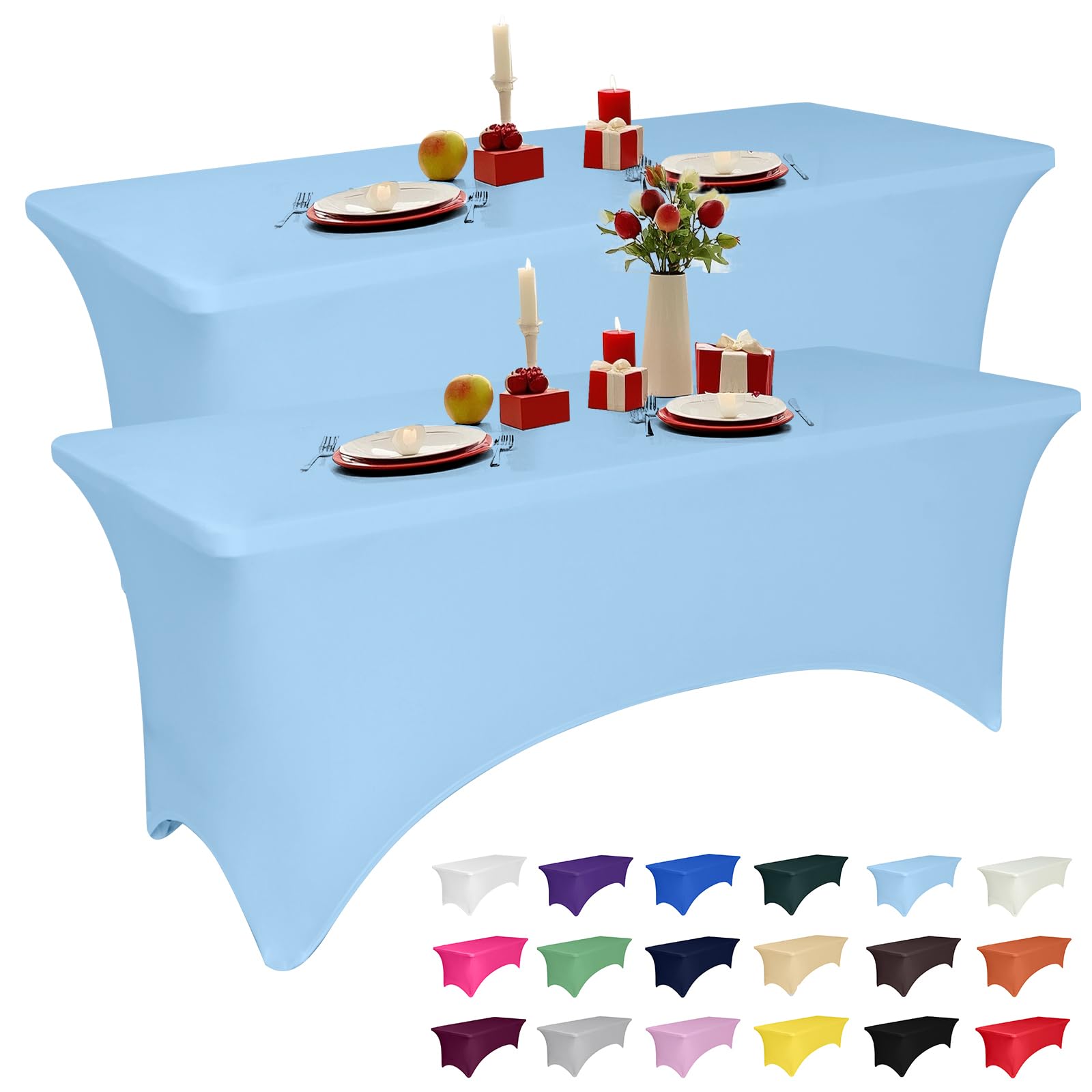Photo 1 of 2 Pack 6 Feet Light Blue Spandex Tablecloth for Rectangular Tables, Fitted & Stretch, Washable, Wrinkle Resistant, Perfect for Event, Wedding, Party, Banquet, Cocktail, Festival, and Table Protector