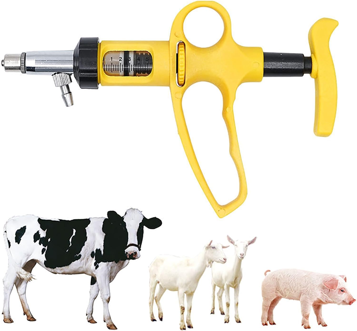 Herramienta de Jeringa para Ganado de 5 Ml, Jeringa para Animales, Cabeza de Metal Que Evita Daños Por Mordeduras, Escala Precisa Y Ajustable, Escala Mínima de 0,2 Ml, para Animales, Ganado, Cabra