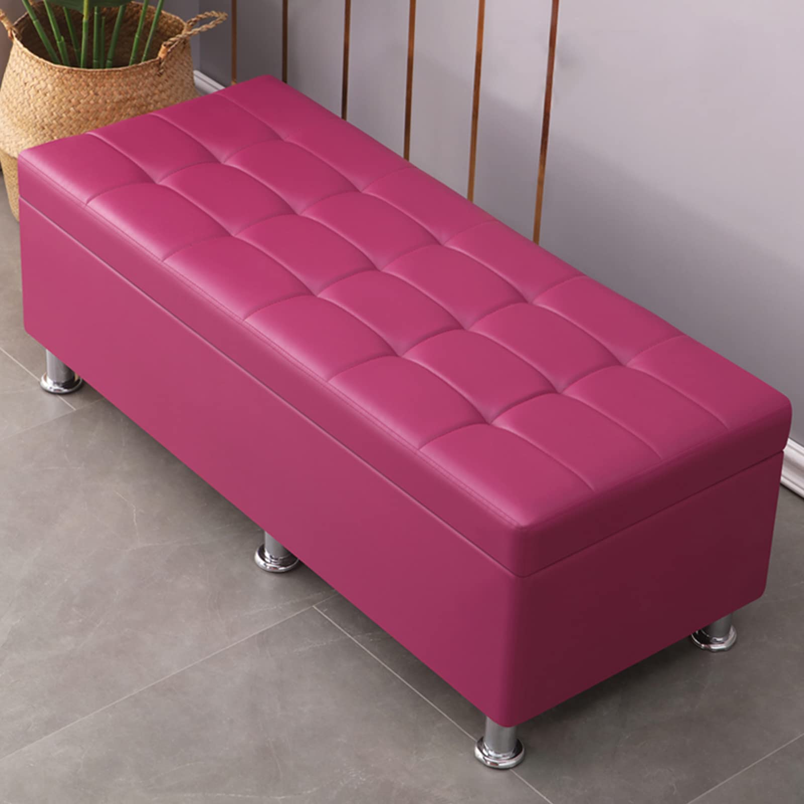 Banc de rangement ottoman violet 100cm avec coffre et repose-pieds