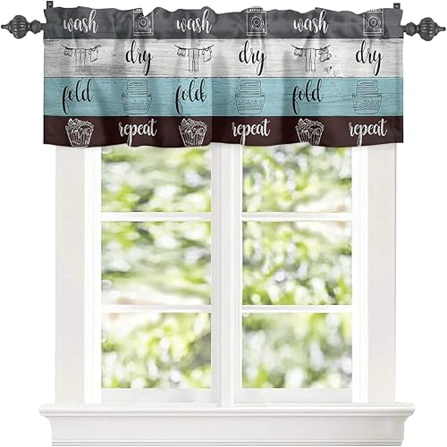 Cenefa de cocina de madera vintage, cenefas de ventana artísticas para lavar en seco, cortinas cortas con bolsillo para barra, cortinas de madera