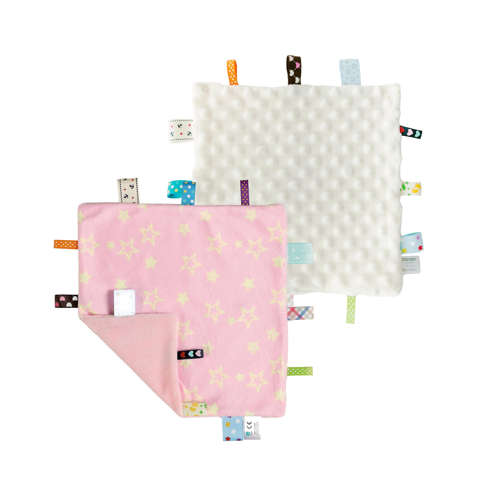 CREVENT Tag Security Blankets for Babies, Soft Small Loveys for Boys, Baby Comforter Sensory Blanket, Great Gifts for Birthday Baby Shower - 10"X10" Pink Star + Ivory