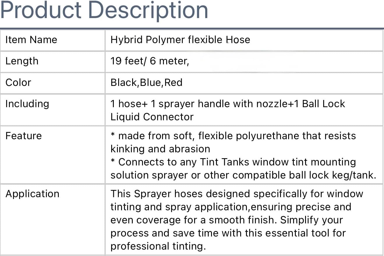 Hybrid Polymer Window Tinting Spray Hose with Handle, 19 Feet Black Flexible Polyurethane Hose, Ball Lock Connector, Professional Tint Application Kit