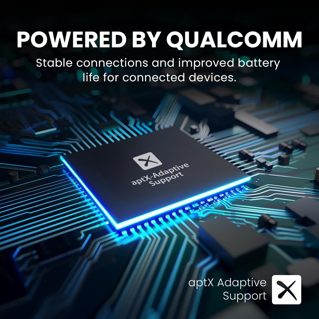 Close-up of a Qualcomm aptX Adaptive chip, highlighting advanced audio technology.