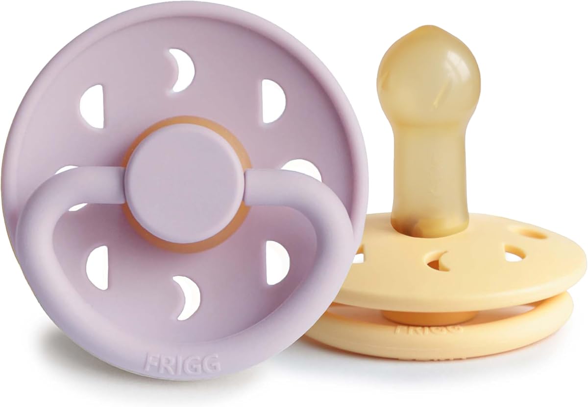 FRIGG Moon Natural Rubber Baby Pacifier | Made in Denmark | BPA-Free (Soft Lilac/Daffodil, 6-18 Months) 2-Pack