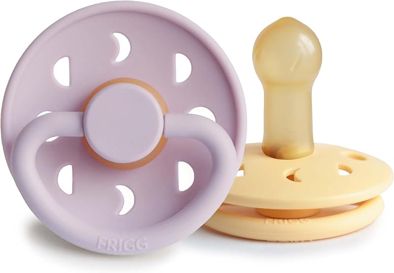 FRIGG Moon Natural Rubber Baby Pacifier | Made in Denmark | BPA-Free (Soft Lilac/Daffodil, 6-18 Months) 2-Pack