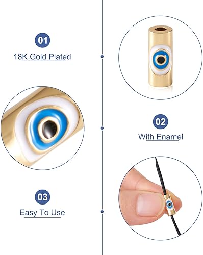 Miniatura 5 de Pandahall - 10 cuentas de tubo de latón esmaltadas con mal de ojo real chapado en oro de 18 quilates, cuentas espaciadoras sueltas de 0.433 x 0.177