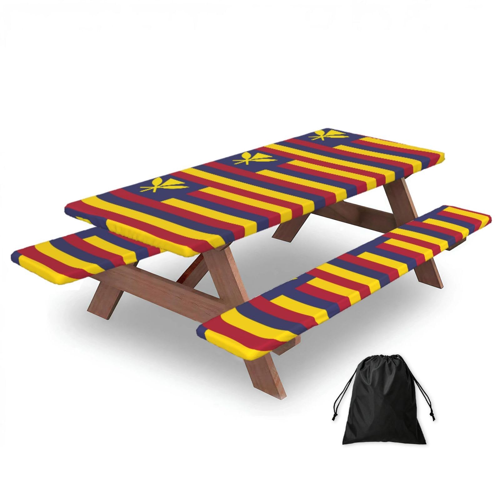 Hhbiuuo Black 72In Camping Table Cover & Bench Covers 3-Pack Set, Flag Of The Kingdom Of Hawaii Print Tablecloths, For Rectangle Tables Picnic