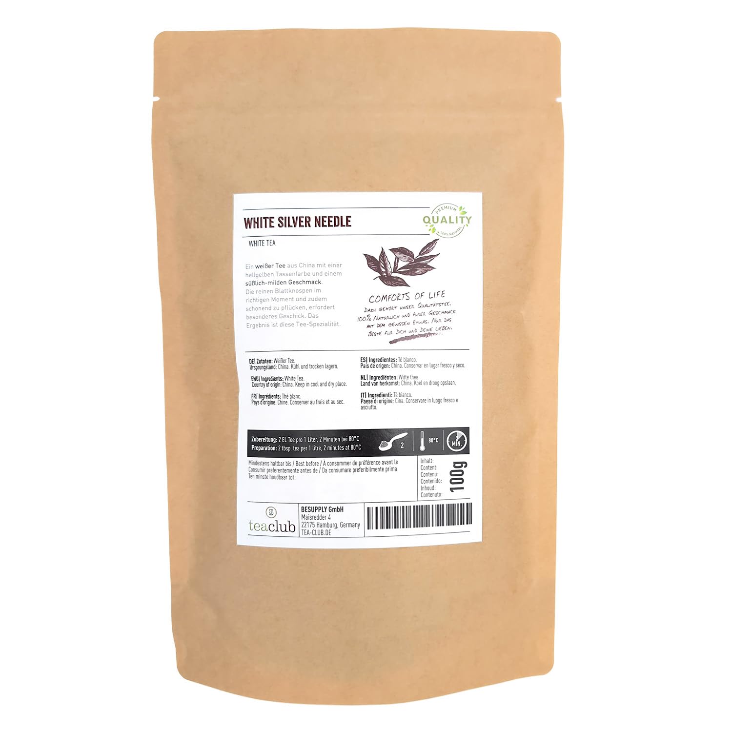 White Silver Needle 100g Té blanco chino a granel con brotes de hoja