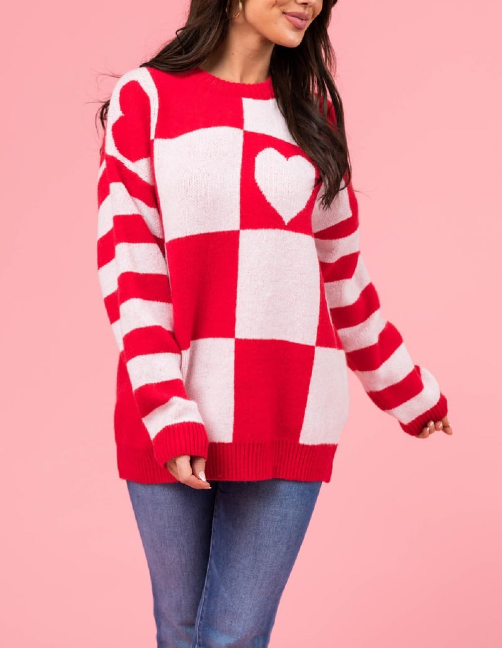 Women Heart Print Knit Sweater Valentine’s Day Love Heart Pullover Sweater Oversized Long Sleeve Jumper Top - Image 3