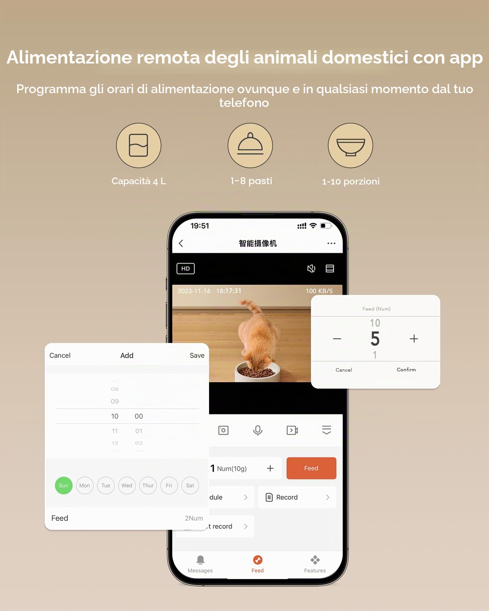 Faroro Mangiatoia Automatica per Gatti e Cani, Dosatore Cibo con Telecamera HD 3MP, Visione Notturna, WiFi 5G/2.4G, APP Controllo Remoto, Audio Bidirezionale, Timer, Sensore Cibo 4L