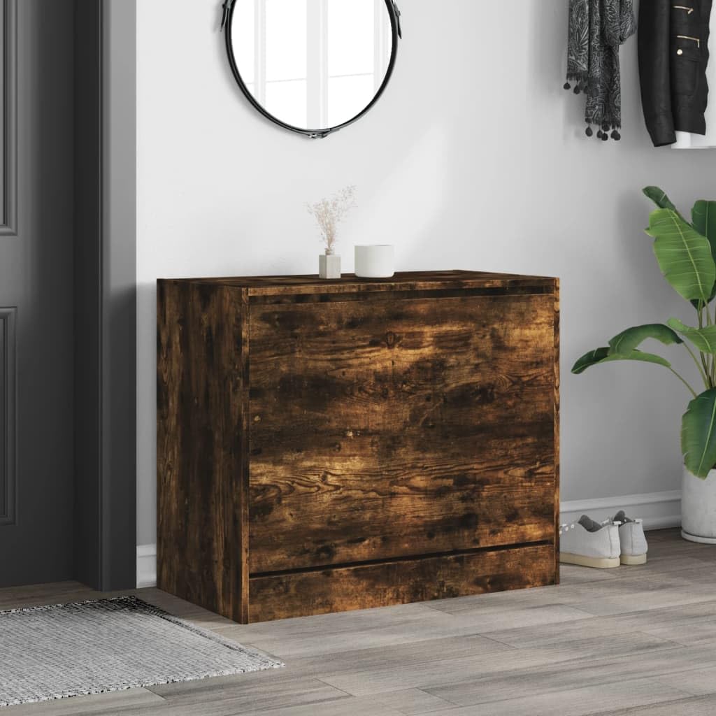 Szafka na buty, dąb wędzony, materiał drewnopochodny, 80 x 42 x 69 cm, kompaktowa, z klapką i 3 półkami, do korytarza, korytarza, sypialni, organizer zamknięta półka na buty