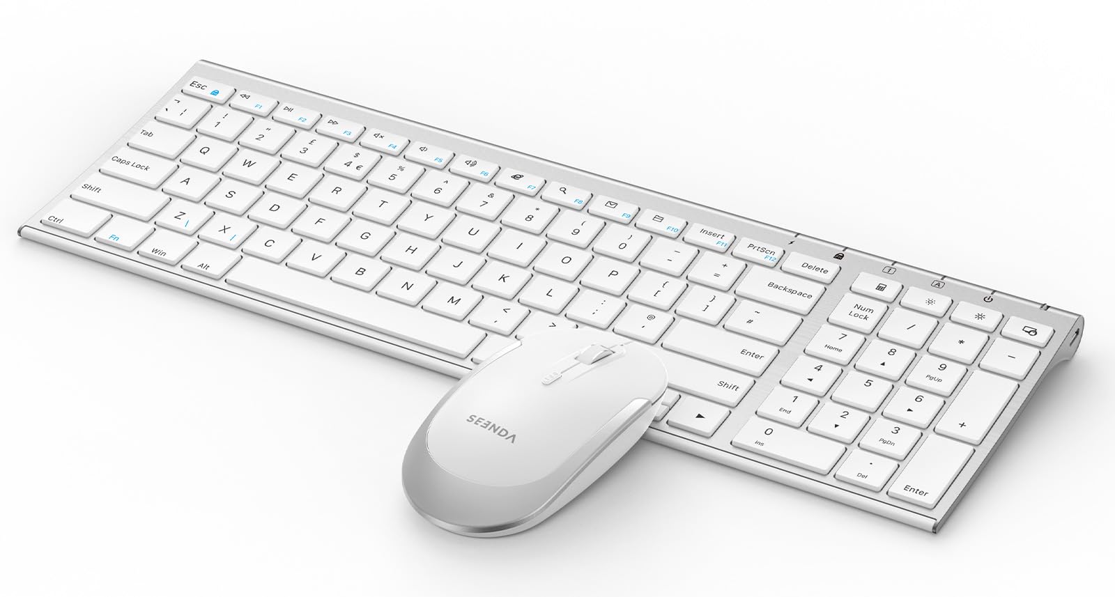 seenda Wireless Rechargeable Keyboard and Mouse Combo, 2.4G USB Keyboard and Mice Set Ultra-Thin Full Size Compact Silent UK Layout for PC, Computer, Laptop, White and Silver