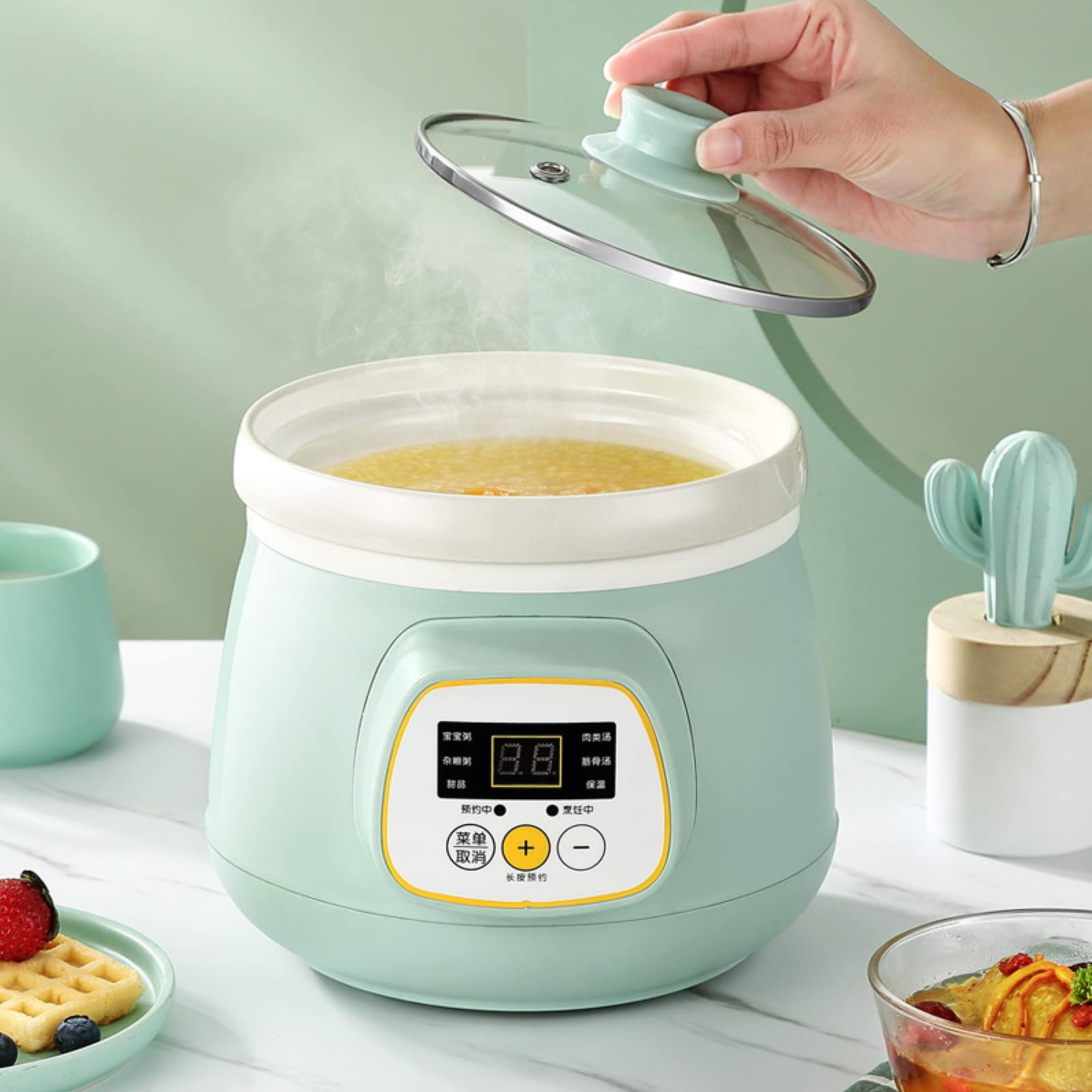 Olla cocción Lenta Digital 1,5 l con Revestimiento cerámica, Olla multifunción para cocinar al Vapor, Olla eléctrica Inteligente para hogar con función Reserva 10 h y 6 configuraciones cocción