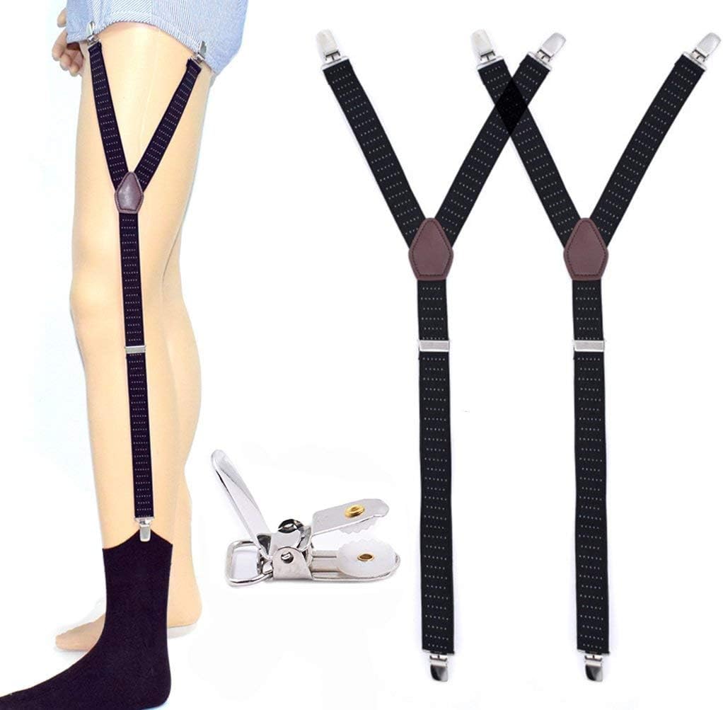 Mens Y-Style Shirt Stays Stirrup Adjustable Elastic Garters Straps Sock Non-slip Locking Clamps (Black/1)