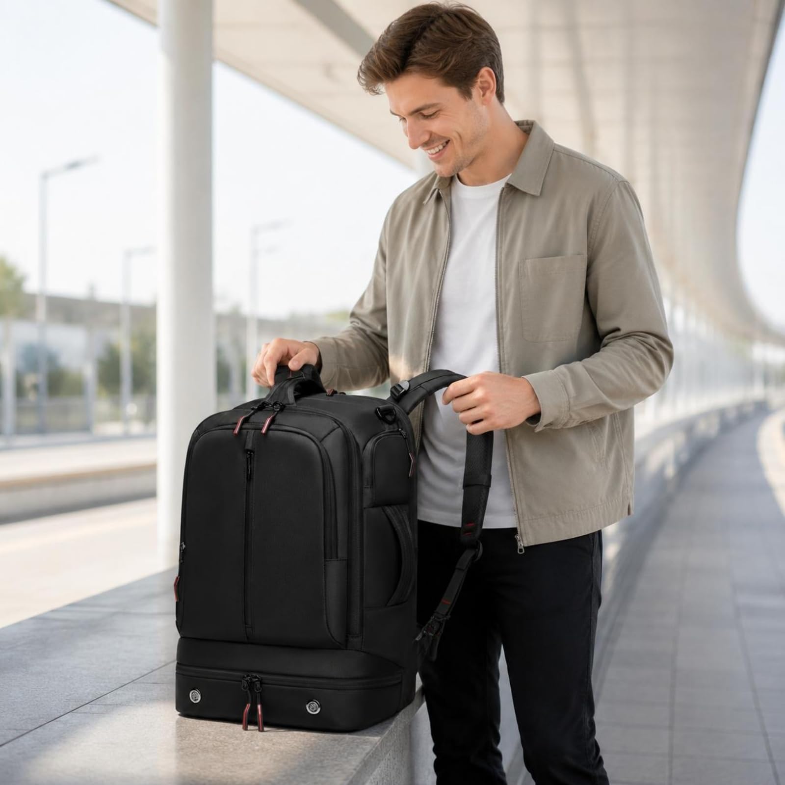 Zaino da Viaggio Uomo Convertibile con Tracolla Zaino Borsa a Spalla Borsa per Ufficio con Tasche Multiple E Protezione Laptop Spallacci Larghi E, Nero, Nero, 19
