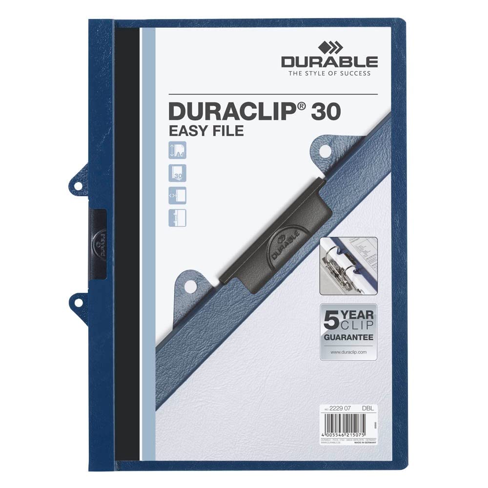 Durable Klemm-Mappe Duraclip 30 Easy File, abheftbar, Hartfolie, bis 30 Blatt A4, dunkelblau, 25er Packung, 222907