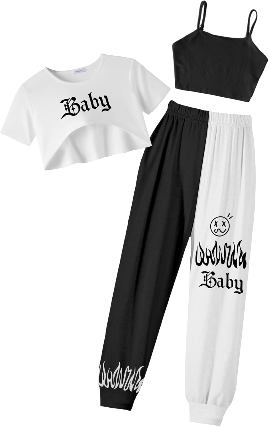 Arshiner Girls 3 Piece Set Short Sleeve High Low Hem Overlay Top & Cami with Sweatpants Kids Outfit 6-13 Years Arshiner Girls 3 Piece Set Short Sleeve High Low Hem Overlay Top & Cami with Sweatpants Kids Outfit 6-13 Years