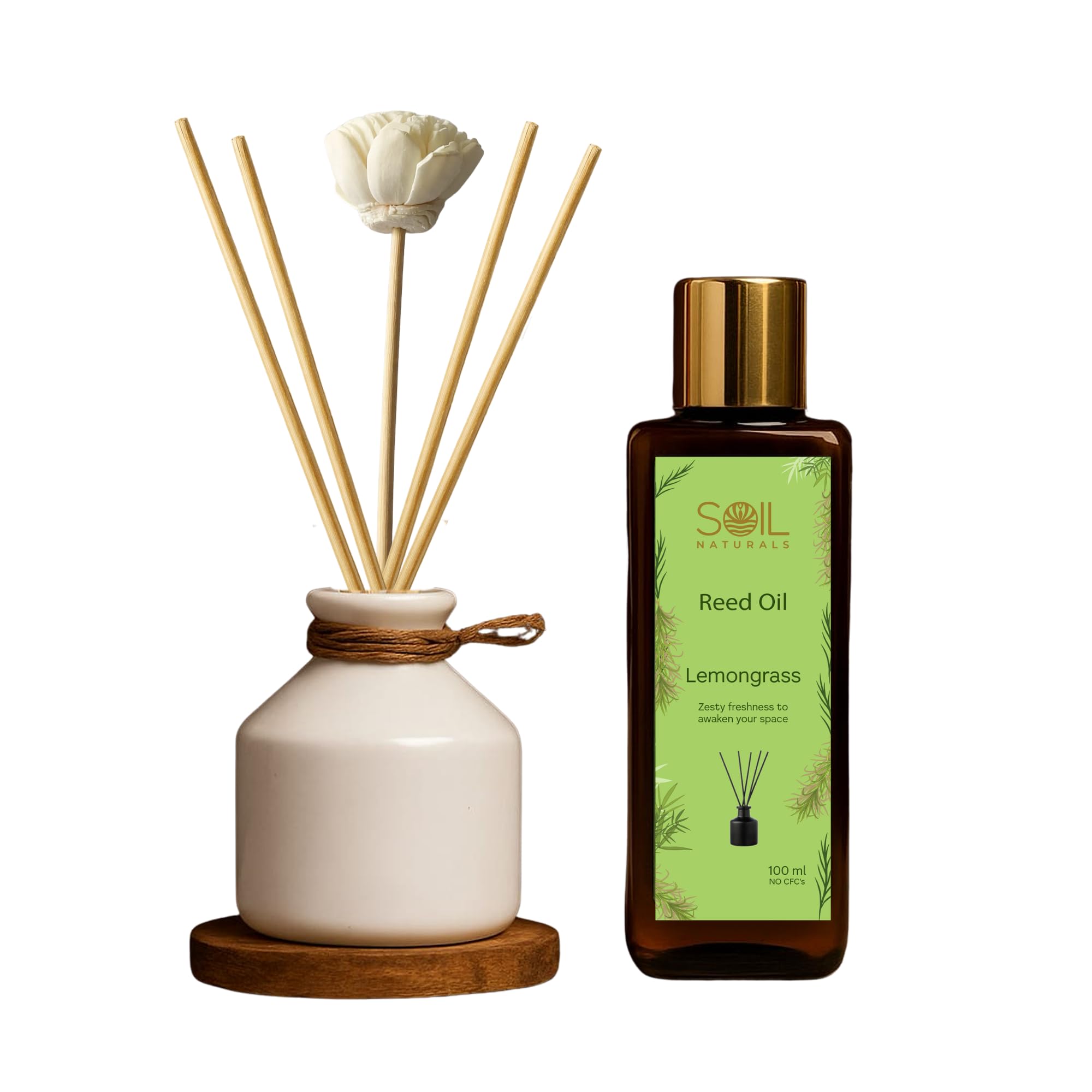 SOIL NATURALS Lemongrass Reed Diffuser Oil Set with 1 Diffuser | Home & Office Air Freshener | Long Lasting Refreshing & Luxurious Aromatherapy 100ml - Diffuser Set & Sticks