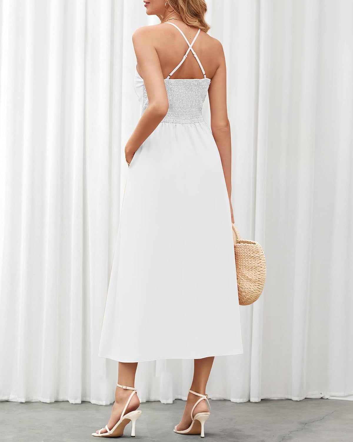 BTFBM Women 2026 Spaghetti Strap Midi Summer Dresses Sleeveless V Neck Cutout Slit Casual Beach Party Maxi Dress Pockets - Image 5