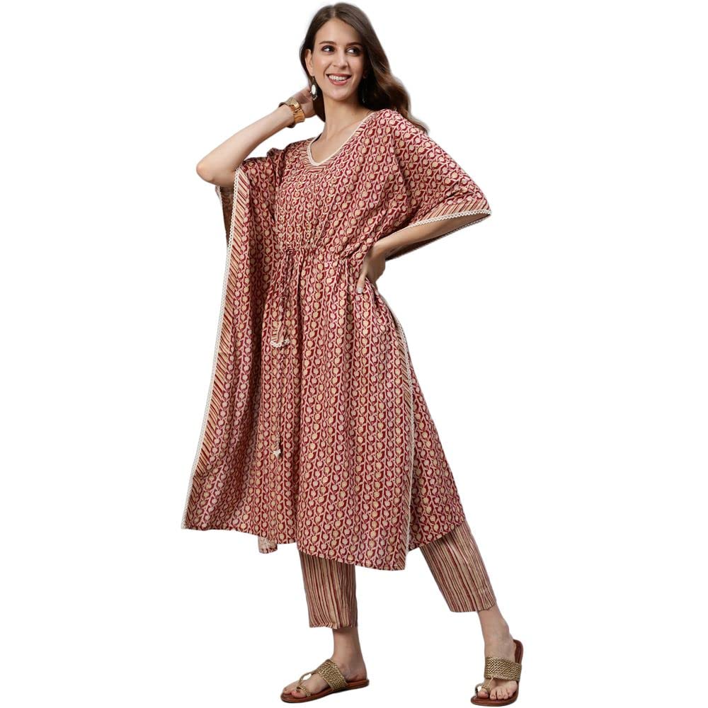 Anubhutee Women Red Printed Sequinned Kaftan Cotton A-Line Kurta Suit Set With Pants (Anu2001952L)