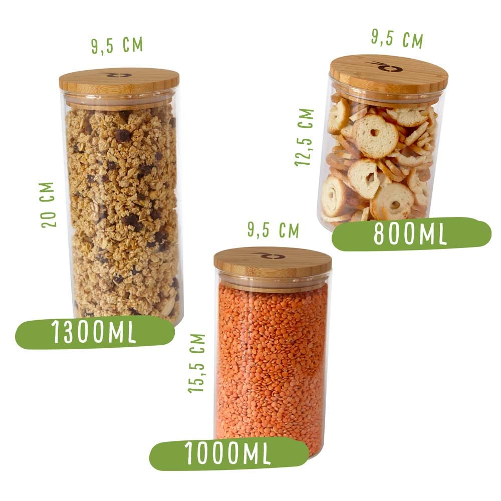 pandoo Vorratsgläser-Set mit Bambus Deckel | Aufbewahrungs- und Vorratsdosen | Vorratsbehälter inkl. Etiketten und Kreidestift | Gewürzgläser Set (6x800ml)