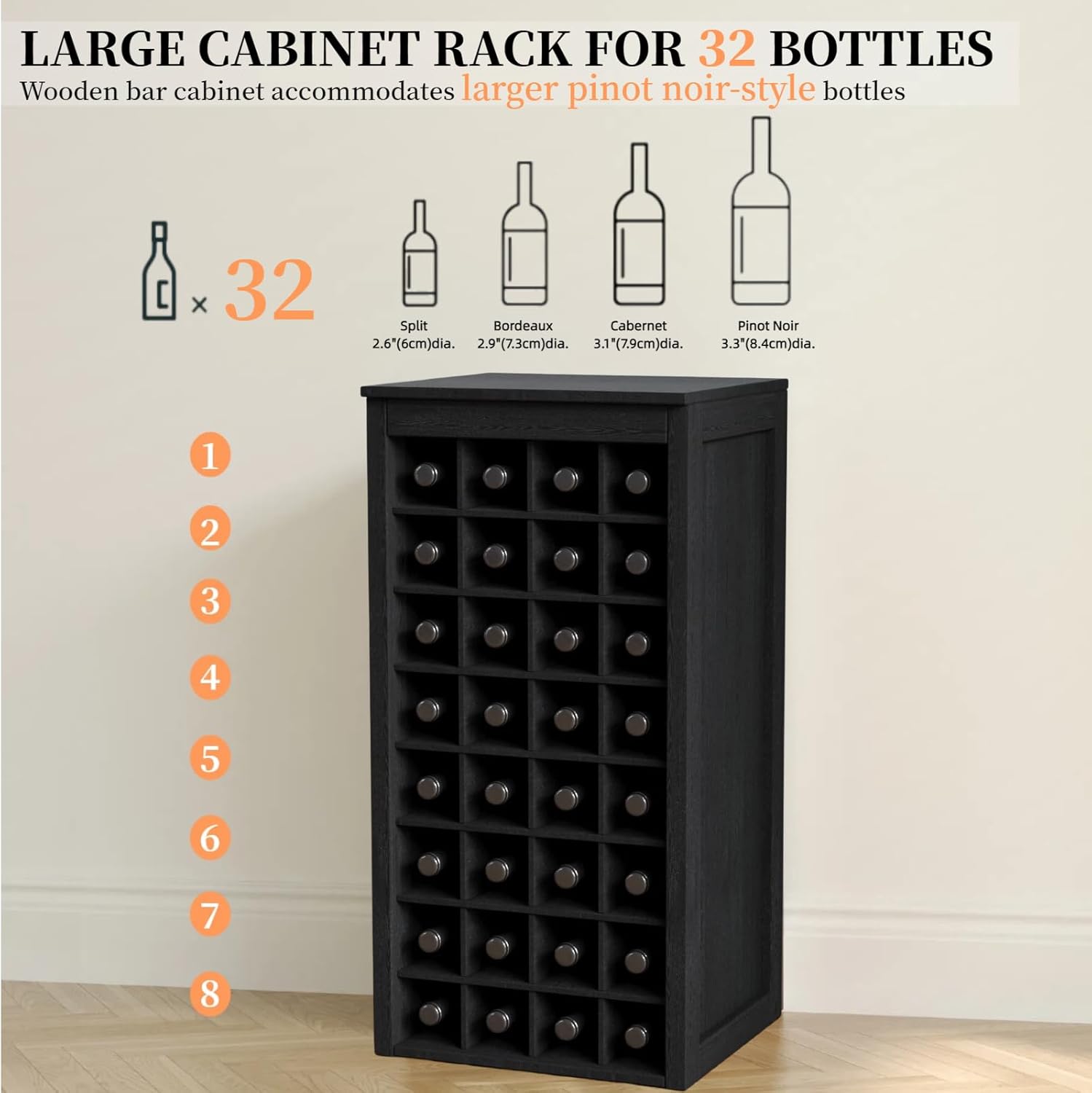 WERSMT 8-Tier Freestanding Wine Rack Wood, 32 Bottles Wine Rack Counter for Small Space, Farmhouse Stackable Modular Wine Bottle Holder Rack, Black