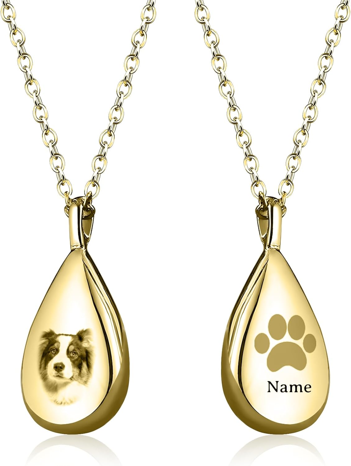 Teardrop Pet Remembrance Urn Necklace for Ashes for Women, Personalized Cat Dog Urns for Ashes in Photo & Name in Silver Gift for Deceased Pet Owners