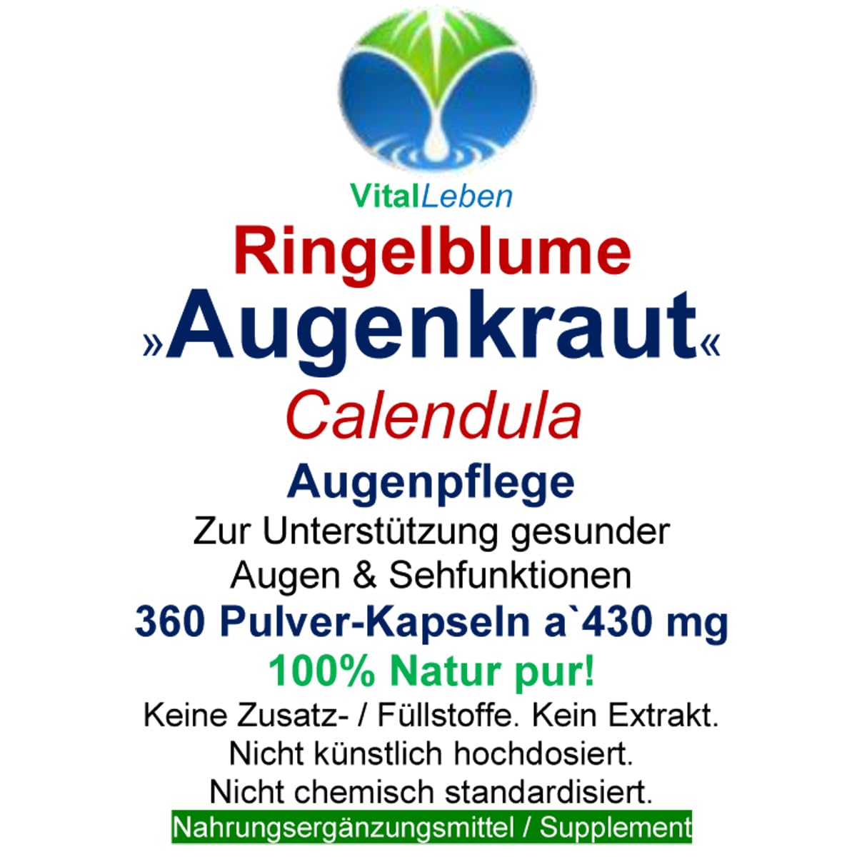 Sehkraft Kapseln Augenkapseln 1080 (3x360) Kapseln RINGELBLUME AUGENKRAUT pur - Lutein & Zeaxanthin VITAL COMPLEX + Netzhaut Maculapigmente - Natur pur - OHNE ZUSATZSTOFFE 26960-7