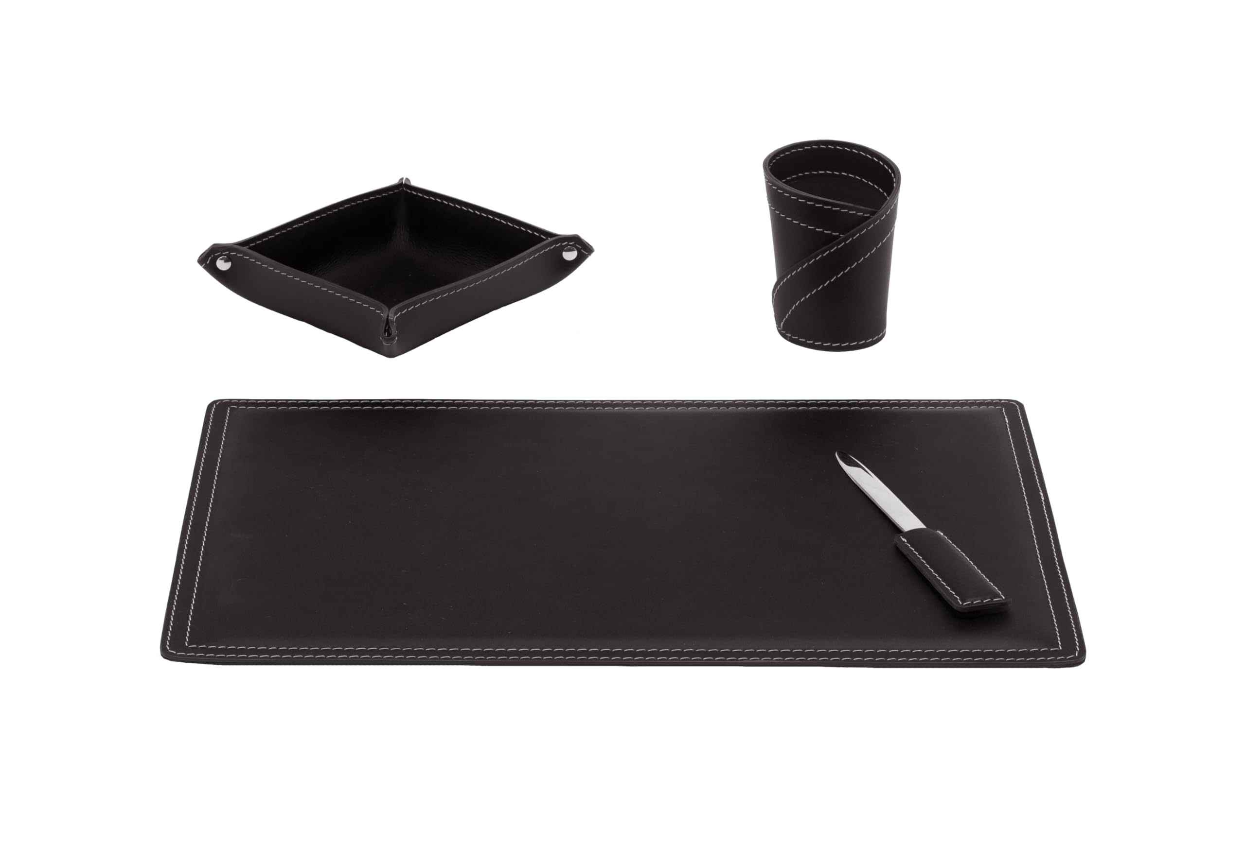 LIMAC Design ASCANIO Set da scrivania in cuoio, sottomano di design, organizer con antiscivolo, accessori per ufficio, portapenne, svuotatasche, Prodotto in Italia. (Marrone Scuro, Set 4 pz.)