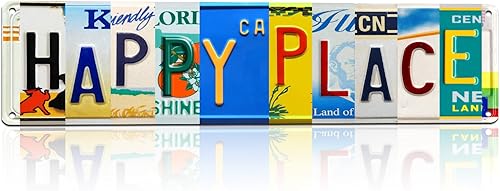 Letrero de metal vintage para decoración de pared Happy Place para garaje, hombre, cueva y hogar, 16 x 4 pulgadas