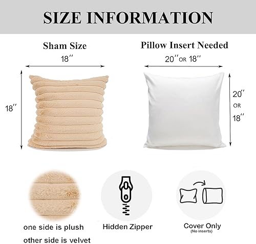 Miniatura 4 de YOUR SMILE Juego de 2 fundas de almohada decorativas de terciopelo suave y acogedor, a rayas, piel sintética de conejo, decoración neutra moderna