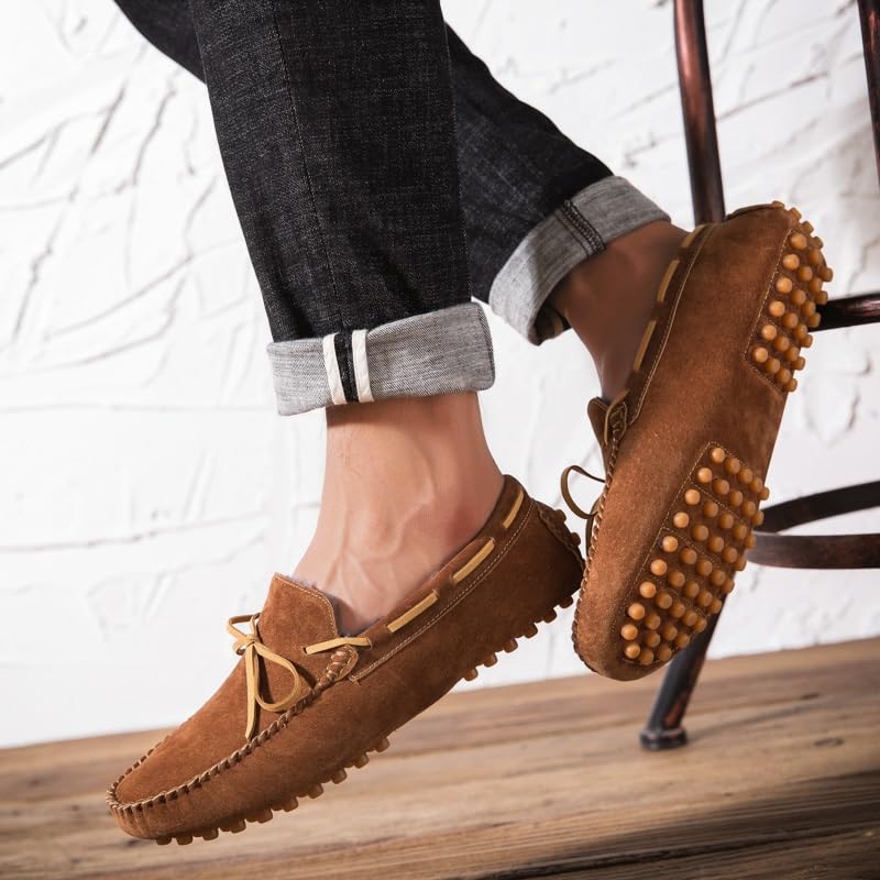 Mens Loafers Suede Vamp Boatshoes Faux Fur Lining Driving Loafers Anti-Slip Flexible Flat Heel Classic Wedding Slip On4