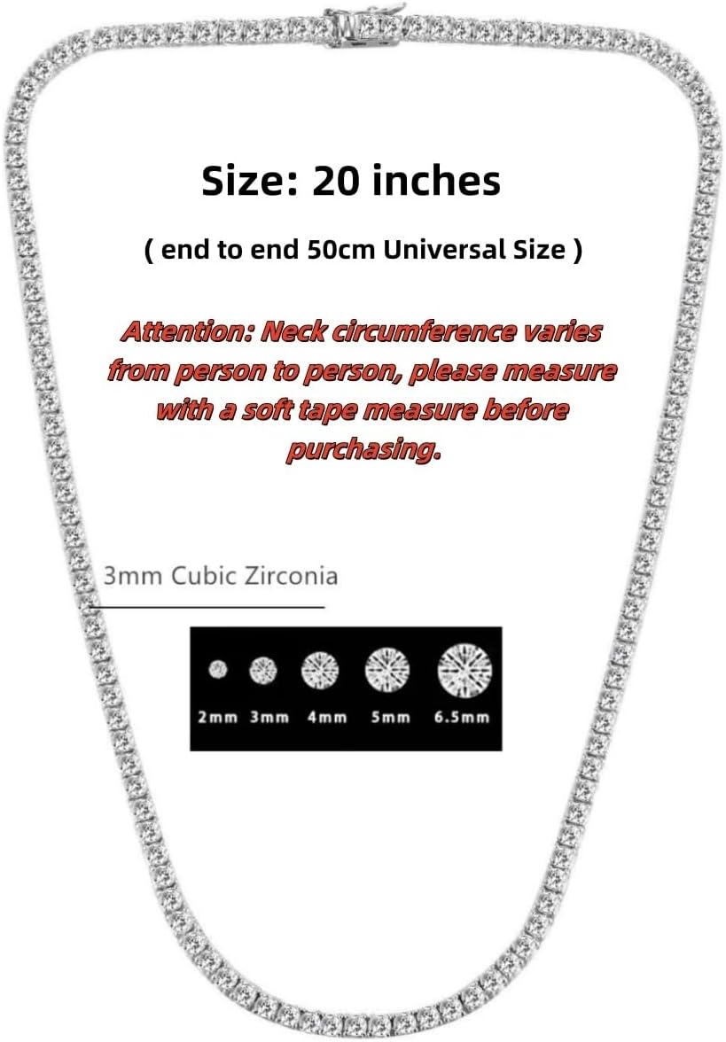 18K White Gold Plated 3mm Round CZ Classic Tennis Necklace for Women Men Diamond Chain Sizes 16-20 Inches 4 Prong