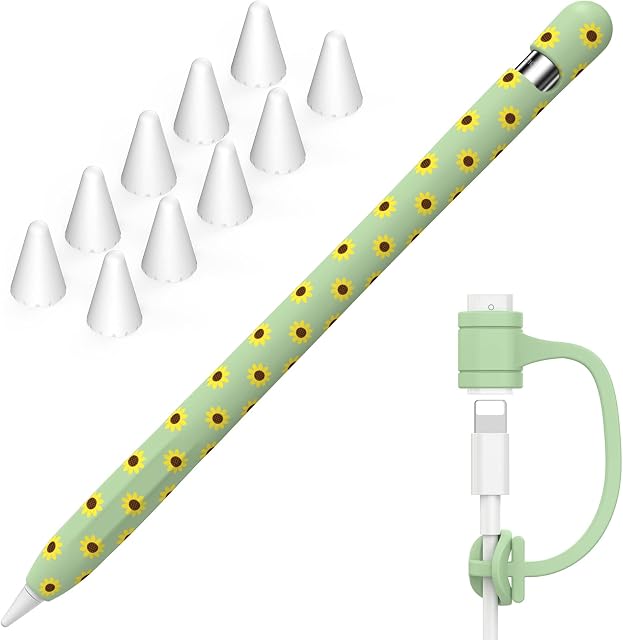NIUTRENDZ Case for Apple Pencil 1st Silicone Protective Cover Sleeve Anti-slip [Added Cable Adapter Tether] (Apple Pencil 1st, Sunflower Green)