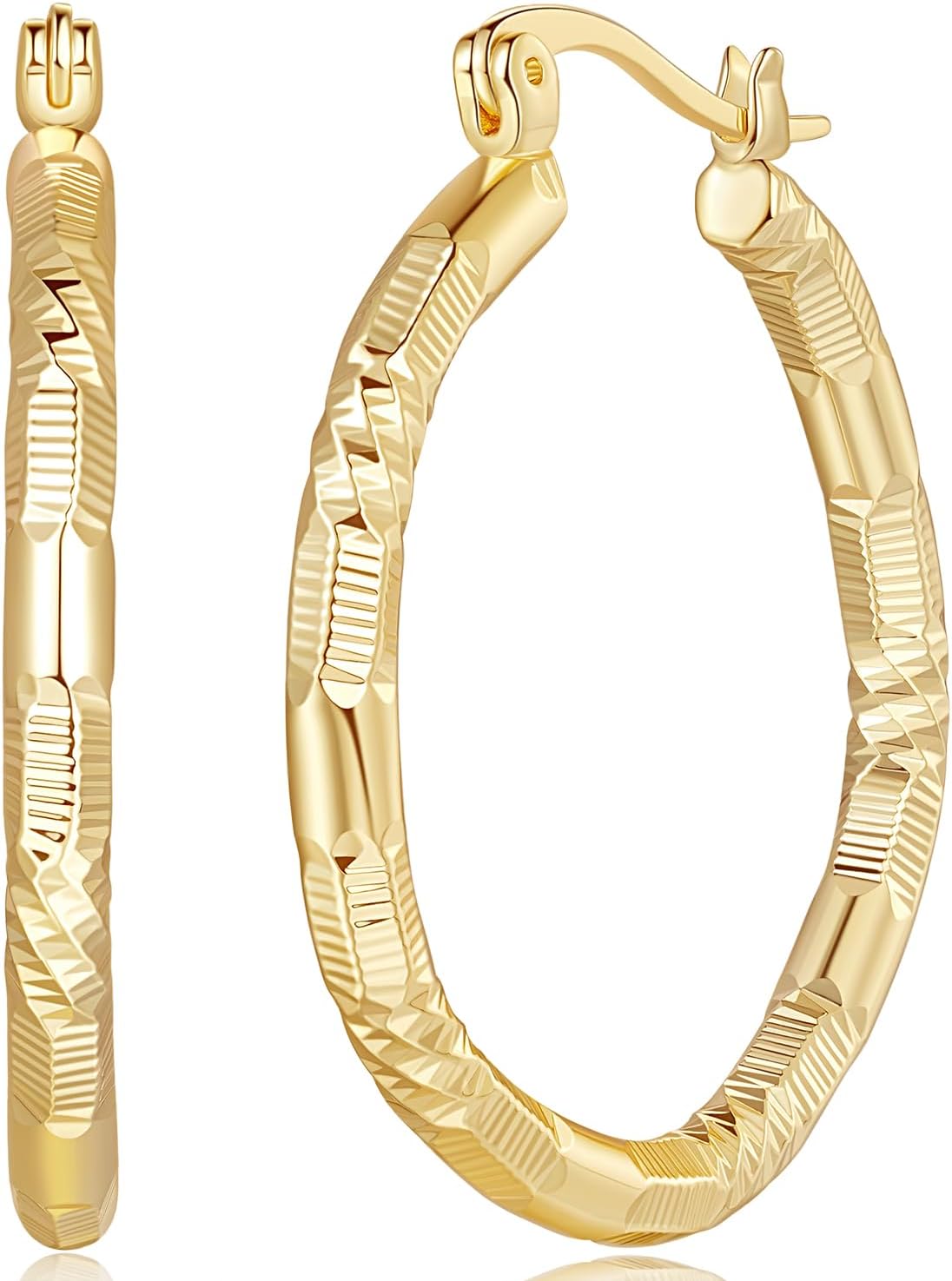 Gold Plated Earrings 14k Gold Plated Hoop Earrings for Women Large Hoop Earring with V-Shaped Engraved Design Womens Hoops Earring 30MM