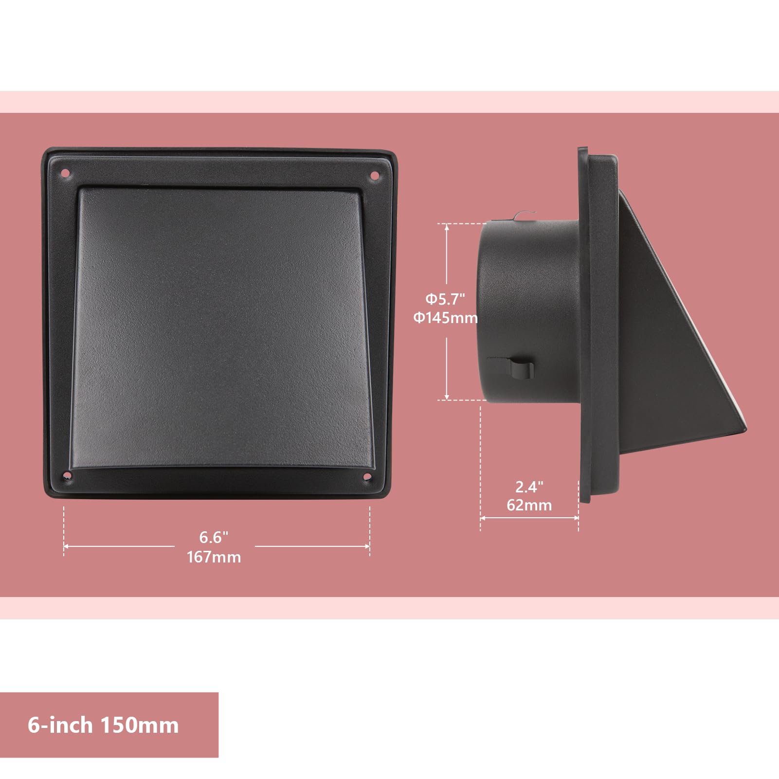 WeCooper Griglia di Ventilazione Esterna Nera 150 mm (6”) con Cappuccio – Acciaio Inox 304, Presa d’Aria per Ventilatore Estrattore, con Coperchio Rimovibile e Rete Antiuccelli