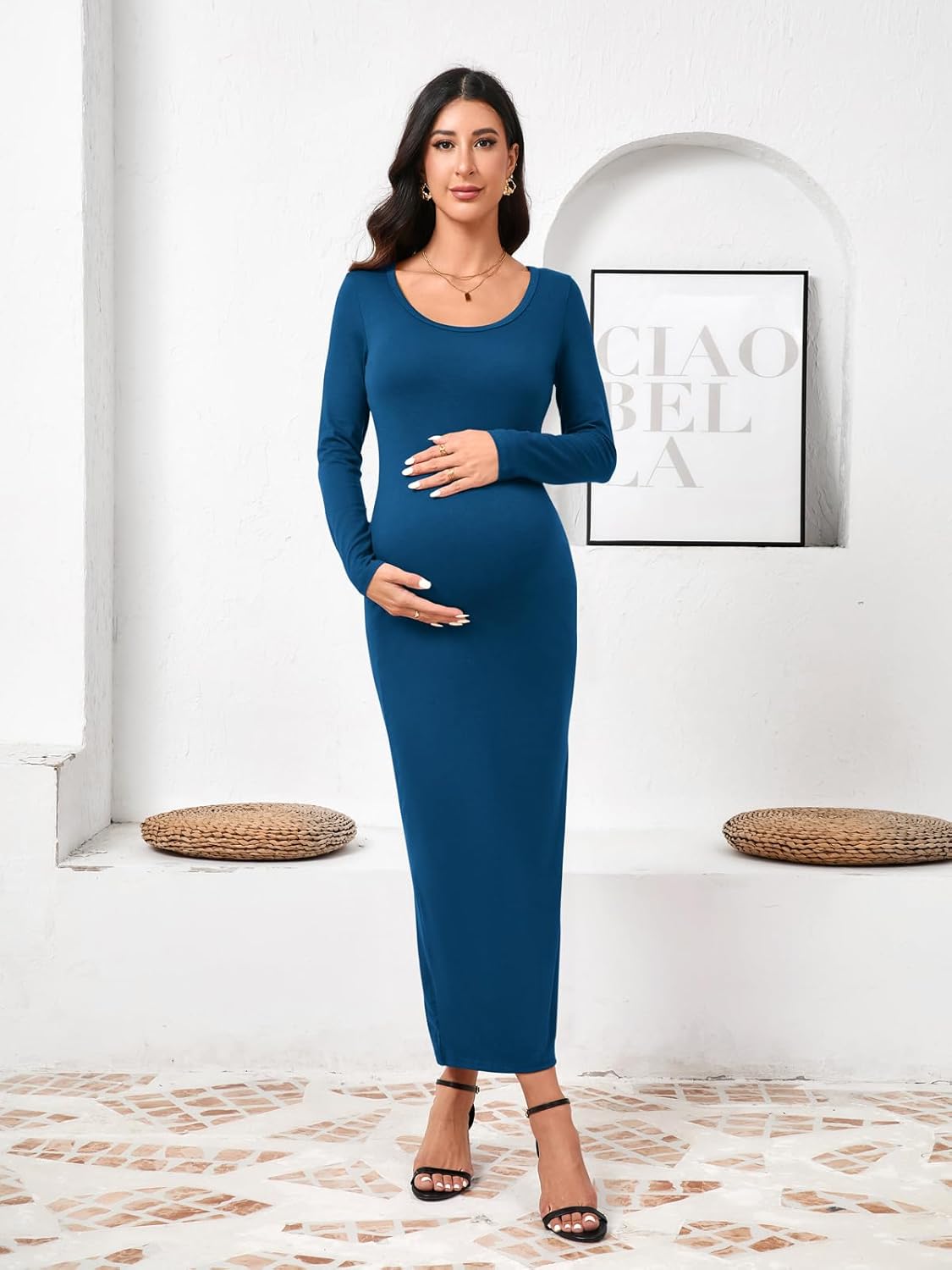Yousify Womens Scoop Neck Maternity Maxi Dress Split Long Sleeve Slim Fit Split Casual Pregnancy Clothes for Baby Shower - Image 4