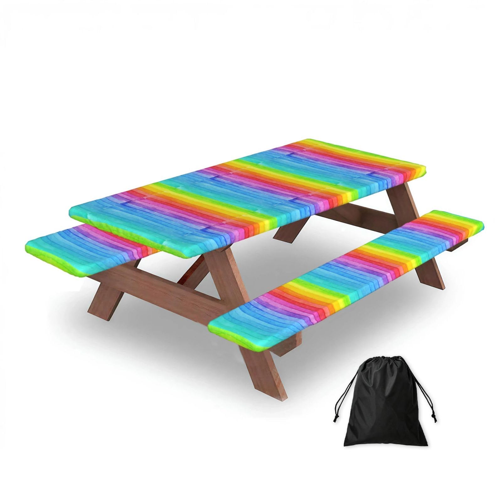 Colorful Rainbow Wood, Picnic Table Cover With Bench Covers -Waterproof Elastic Fitted Tablecloth for Garden Camping Patio 76x152cm