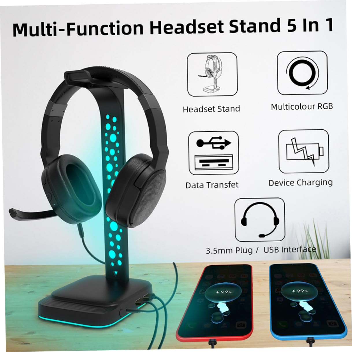 POPETPOP Soporte Diseño USB Auriculares Concentrador RGB para Gaming Abs y Adecuado para Escritorio Pc para Exhibición y Uso Prolongado