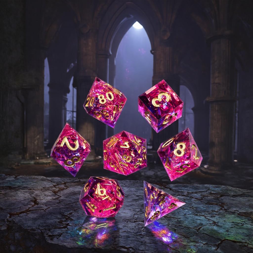 Mini Planet RPG 7PCS DND Sharp Edge MTG Polyhedral Dungeons and Dragons Handmade Resin Glitter Plating Dice Set