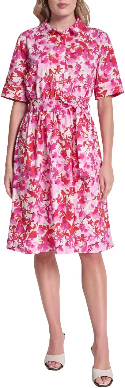 DKNY Women's 3/4 Sleeve Collared Neck Cotton Poplin Shirt Dress