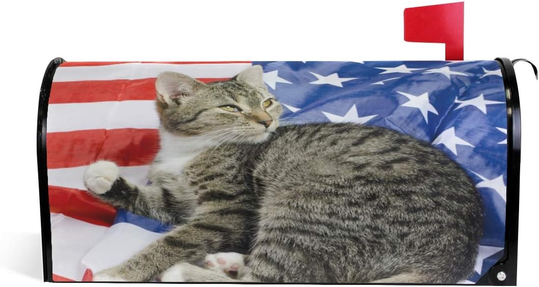 ZZKKO Magnetic Mailbox Covers Independence Day 4th of July American Flag Patriotic Cat Letter Box Cover Colorful Painting Graden Outdoor Decorations,25.5x20.8 Inch Large Size,Multicolor