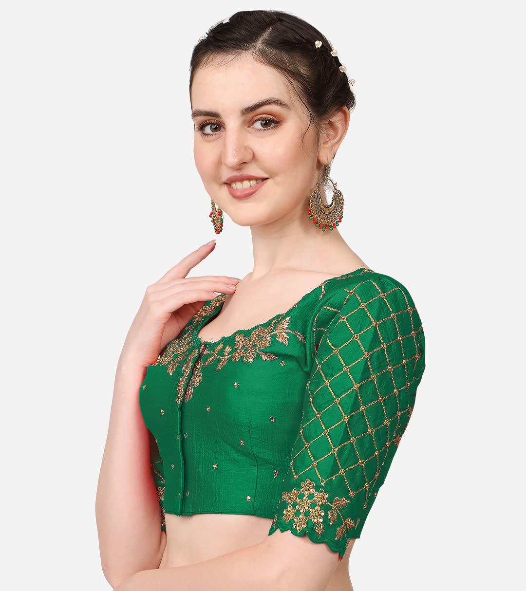 Pujia Mills Women's Embroidery Handwork, Rough Cut Work Stone Work Readymade Blouse (36, Green)