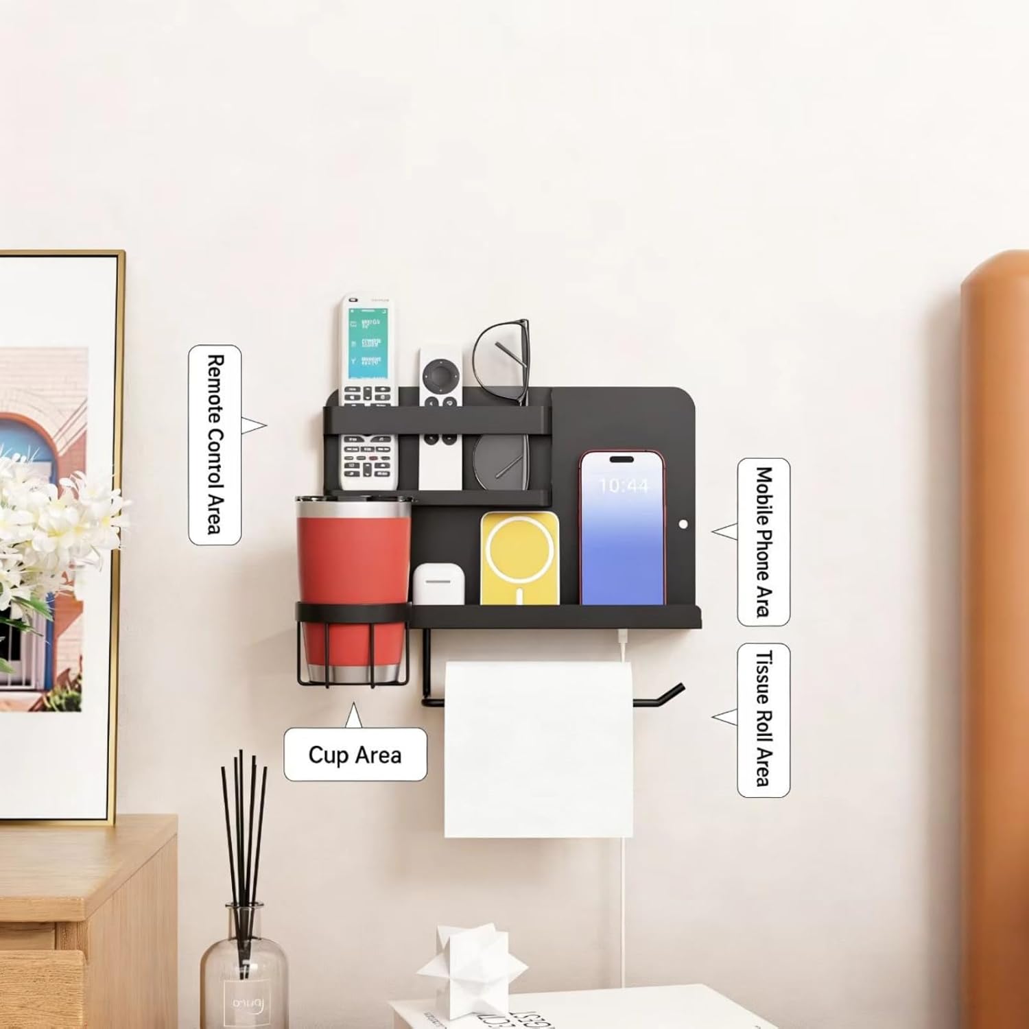 Floating Shelves for Bedside, Self Stick On Wall Mount Shelf Organizer with Hooks, Cute Room Decor Aesthetic, Multi-Functional Storage for Bedroom, Office, No Drilling Adhesive Hanging Shelf​ (Black)